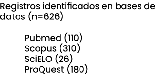 Registros identificados en bases de datos (n=626) Pubmed (110) Scopus (310) SciELO (26) ProQuest (180) 