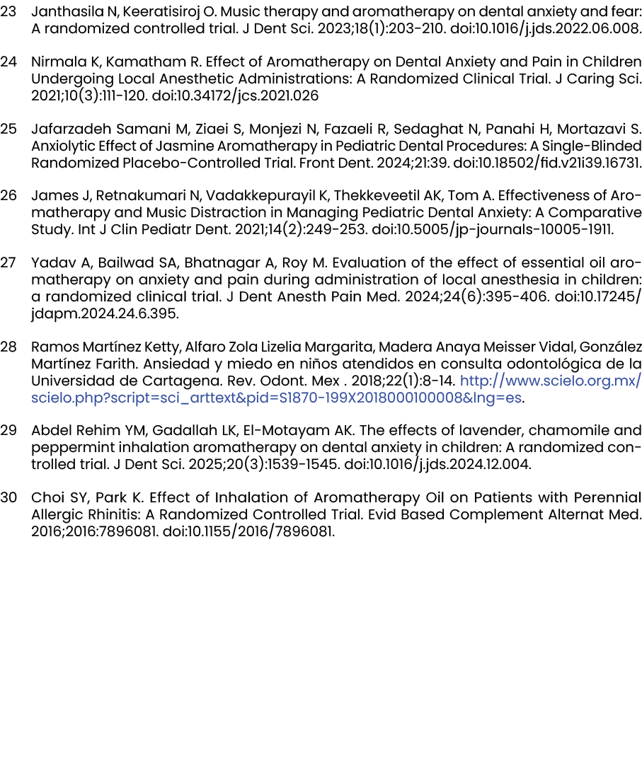  ﻿Janthasila N, Keeratisiroj O. Music therapy and aromatherapy on dental anxiety and fear: A randomized controlled t...