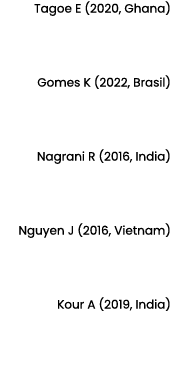 Tagoe E (2020, Ghana) Gomes K (2022, Brasil) Nagrani R (2016, India) Nguyen J (2016, Vietnam) Kour A (2019, India)