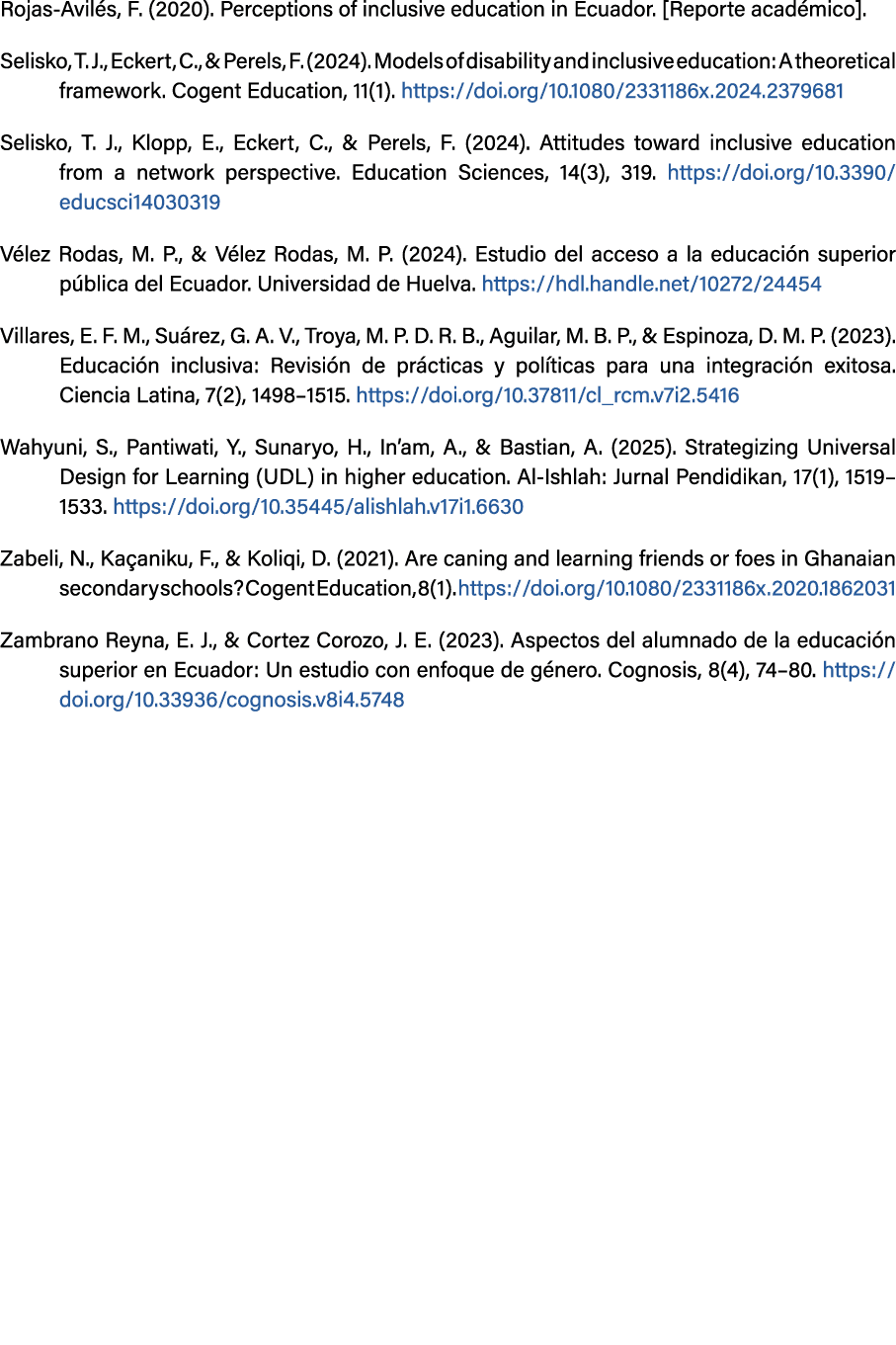 Rojas Avil s, F. (2020). Perceptions of inclusive education in Ecuador. [Reporte acad mico]. Selisko, T. J., Eckert, ...