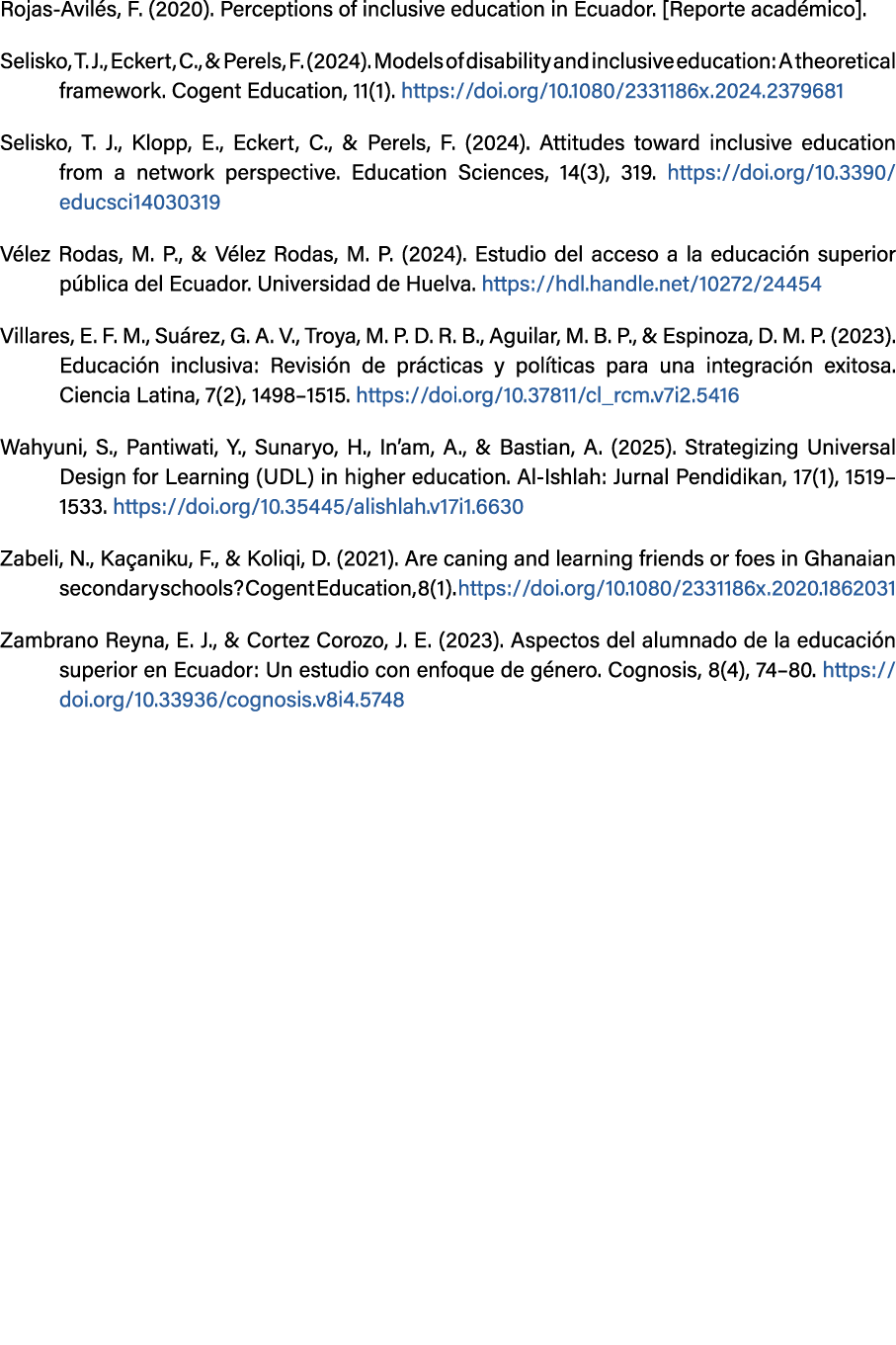 Rojas Avil s, F. (2020). Perceptions of inclusive education in Ecuador. [Reporte acad mico]. Selisko, T. J., Eckert, ...