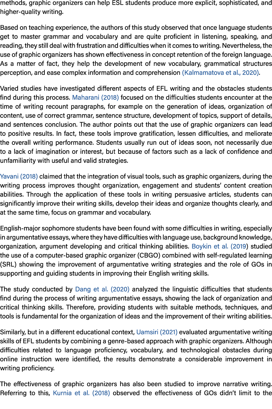 methods, graphic organizers can help ESL students produce more explicit, sophisticated, and higher quality writing. B...