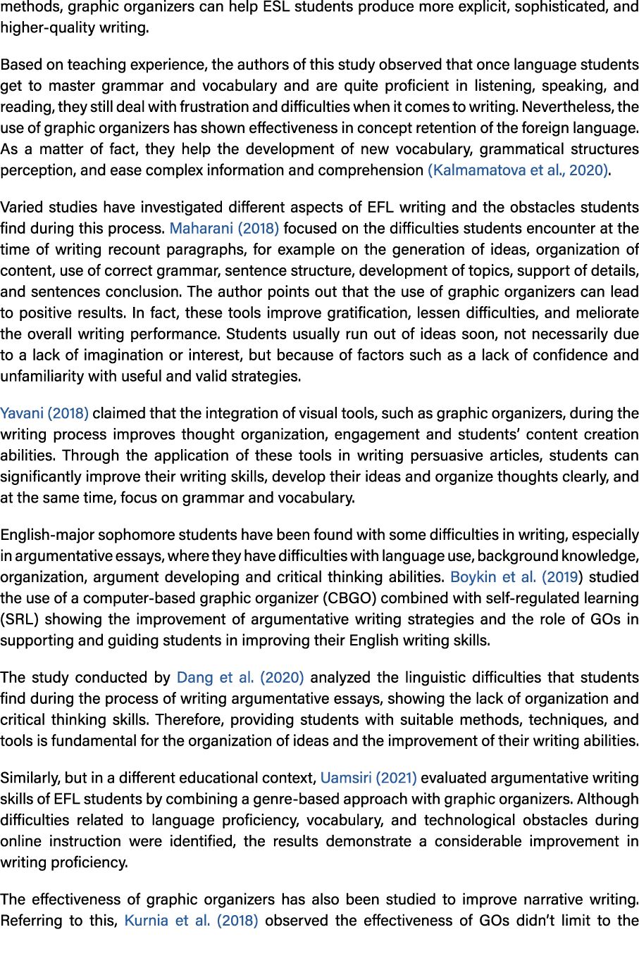 methods, graphic organizers can help ESL students produce more explicit, sophisticated, and higher quality writing. B...