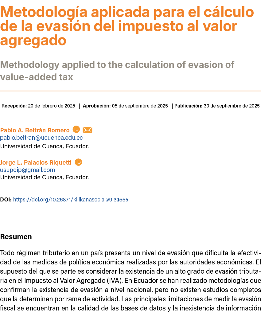 ﻿Metodolog a aplicada para el c lculo de la evasi n del impuesto al valor agregado ﻿Methodology applied to the calcu...