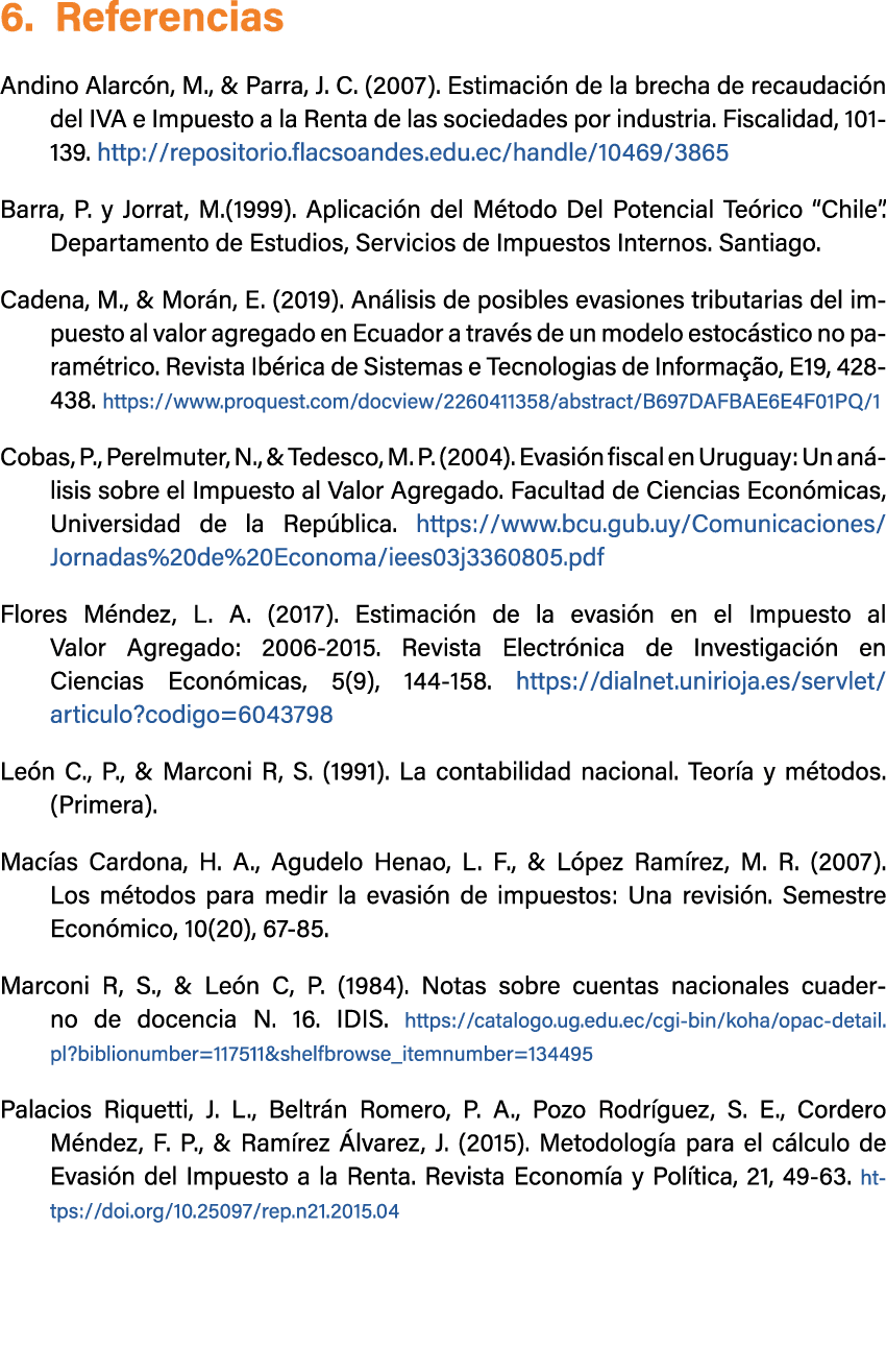 6. Referencias Andino Alarc n, M., & Parra, J. C. (2007). Estimaci n de la brecha de recaudaci n del IVA e Impuesto a...