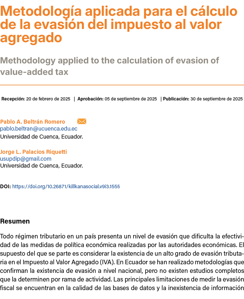﻿Metodolog a aplicada para el c lculo de la evasi n del impuesto al valor agregado ﻿Methodology applied to the calcu...