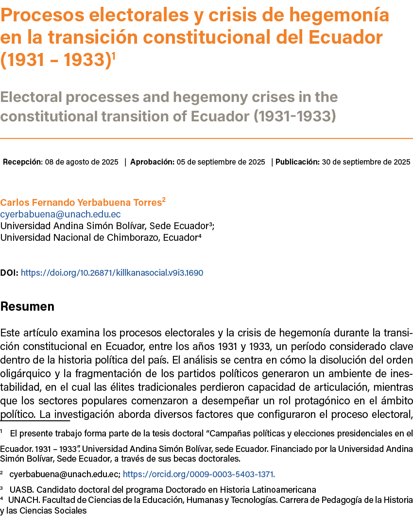 Procesos electorales y crisis de hegemon a en la transici n constitucional del Ecuador (1931 – 1933) ﻿Electoral proc...