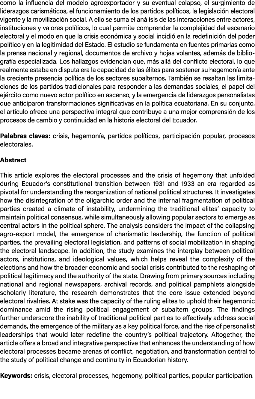 como la influencia del modelo agroexportador y su eventual colapso, el surgimiento de liderazgos carism ticos, el fun...