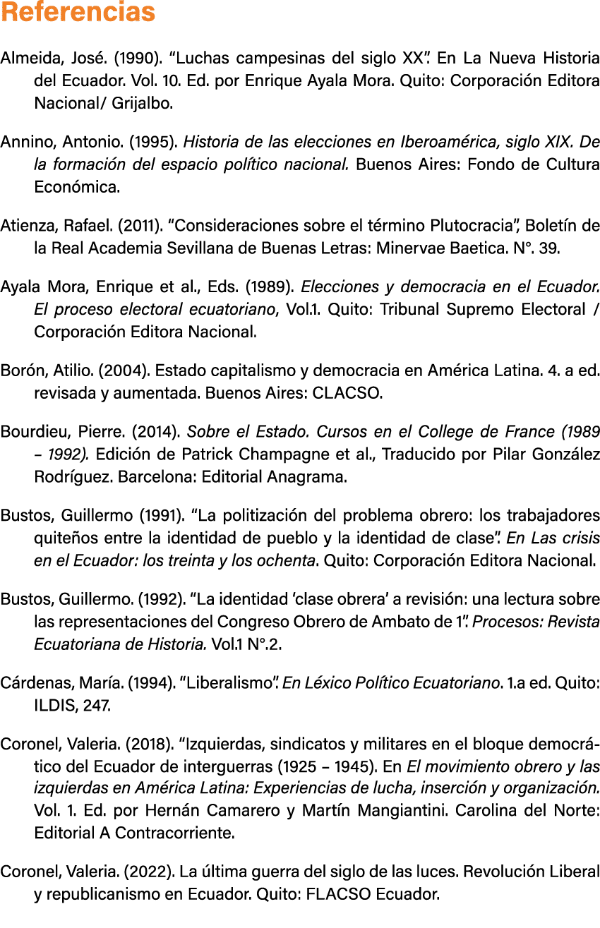 Referencias Almeida, Jos . (1990). “Luchas campesinas del siglo XX”. En La Nueva Historia del Ecuador. Vol. 10. Ed. p...