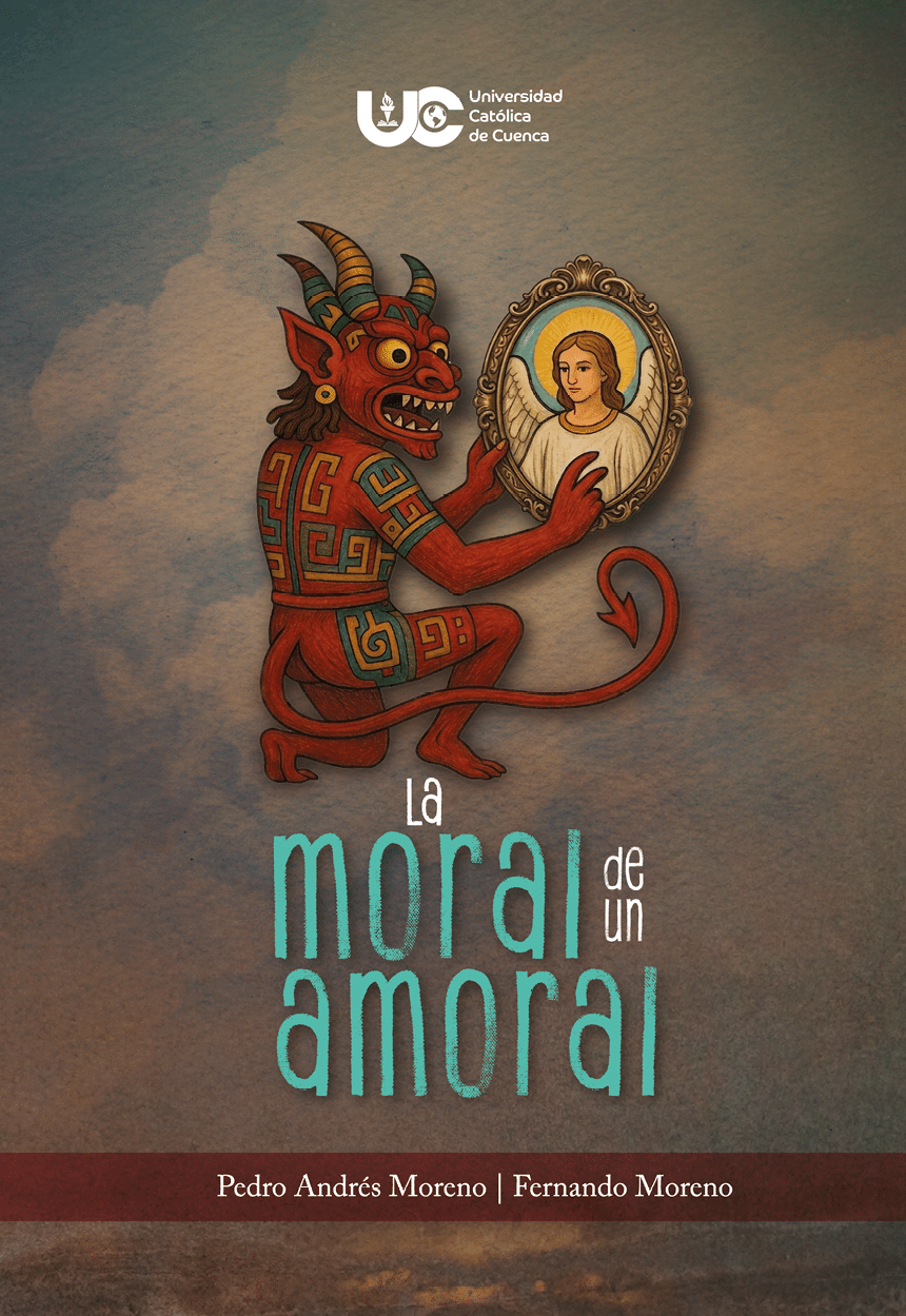 Un demonio rojo con cuernos y detalles geom tricos sostiene un espejo ovalado con la imagen de una persona con halo dorado mientras sonr e, acompa ado del texto “La moral de un amoral" y los nombres Pelin Andr s Moreno y Fernando Moreno. Descripci n generada con IA