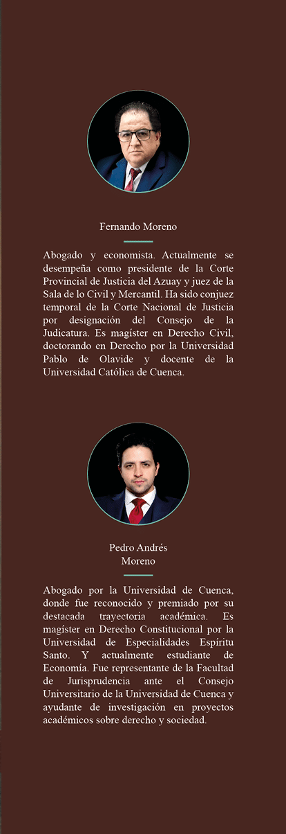 Dos personas vestidas formalmente con traje y corbata aparecen en un dise o vertical con texto en espa ol que describe sus perfiles profesionales. Descripci n generada con IA